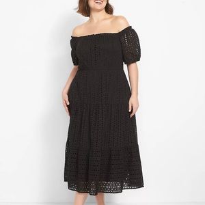NWT LANE BRYANT BLACK TIERED OFF SHOULDER EYELET MIDI DRESS 18